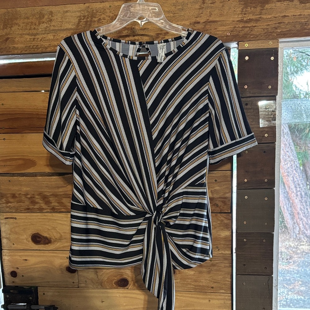 PerSeption Concept Black, Cream & Tan Striped Tie-Front Top